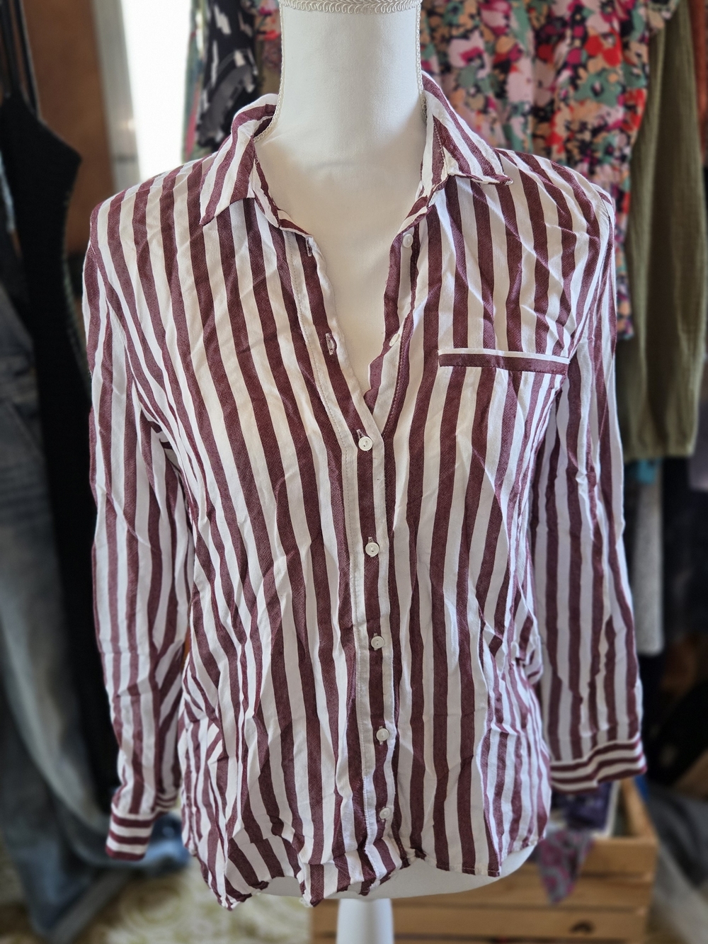 Zara Burgundy and White Vertical-Stripe Button-Down Shirt